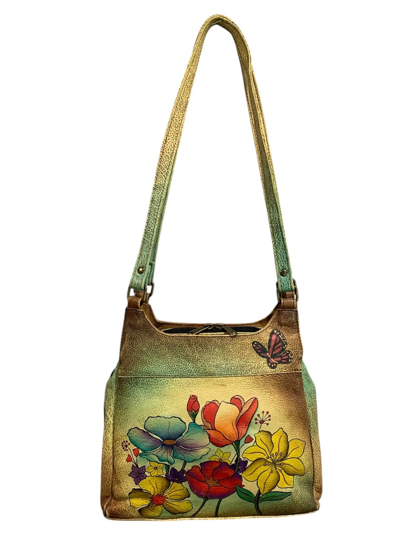 Anuschka Flower Leather 3 Compartment Shoulder Bag Hand-Painted USA