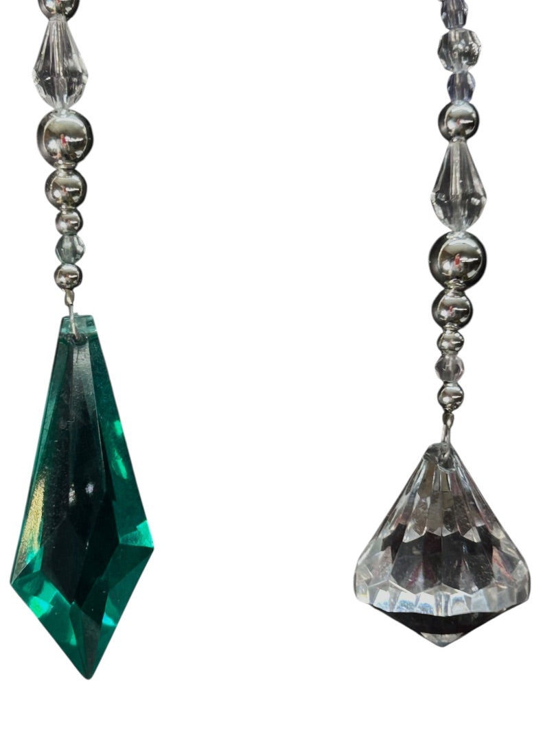 Two Wire Acrylic Beaded Haning Prisms Clear Teal Silvertone 14.5 Inch
