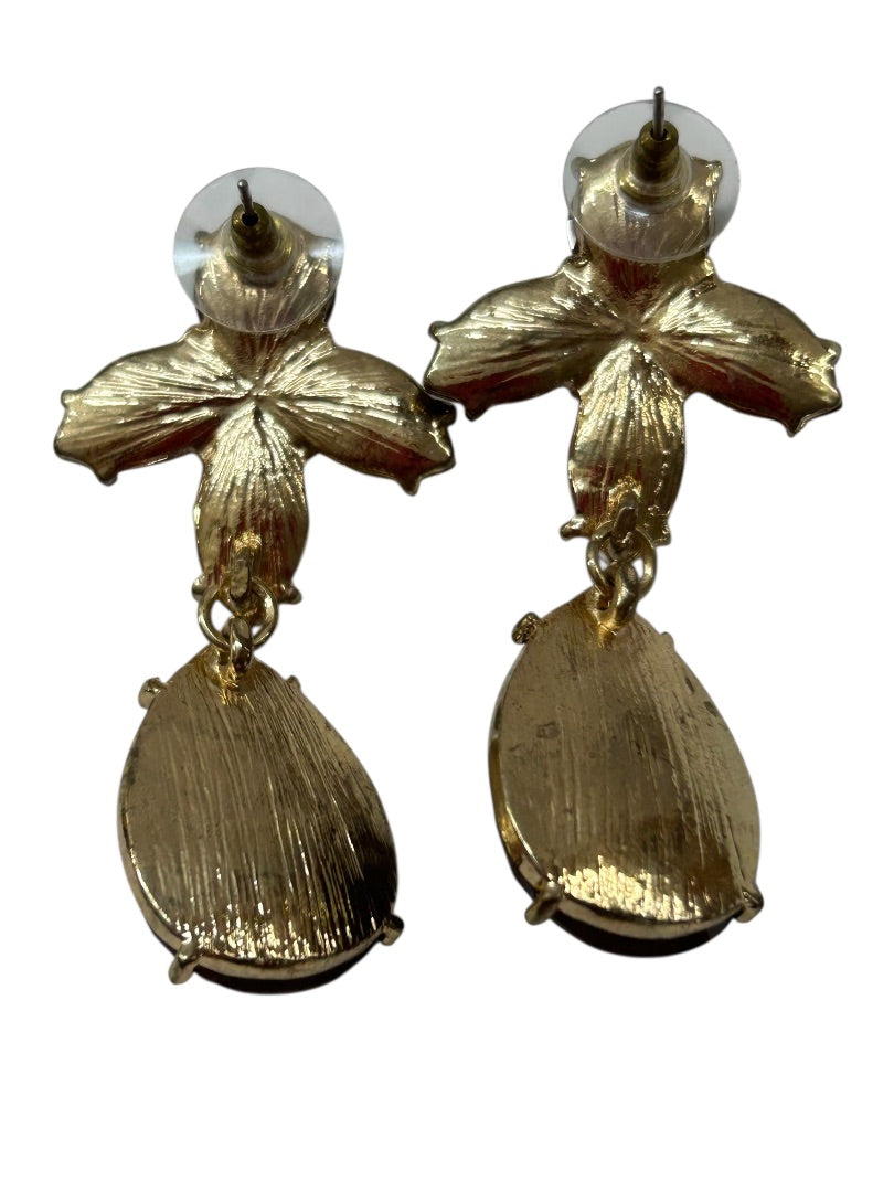 Goldtone Brown Acrylic Statement Post Pierced Earrings 2" Drop