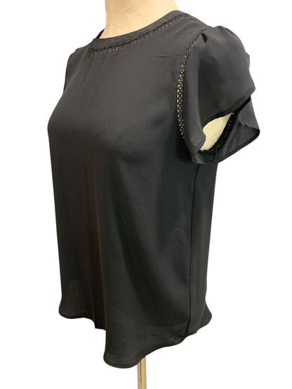 XS Loft Womens Black Short Sleeve Blouse Slightly Sheer Button Back