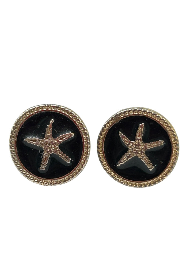Small Silvertone Post Pierced Earrings .5 Inch Starfish Black Enamel