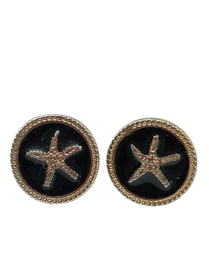 Small Silvertone Post Pierced Earrings .5 Inch Starfish Black Enamel