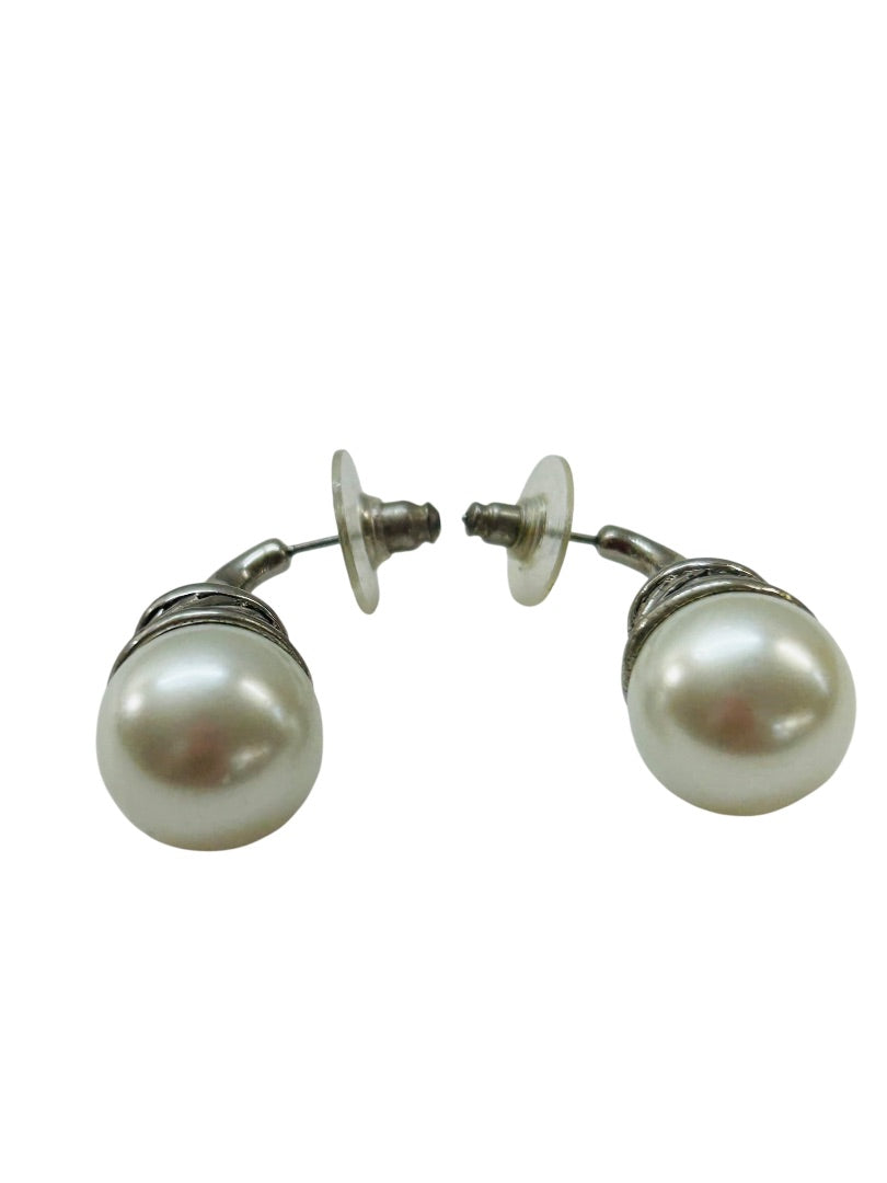 Faux Pearl and Silvertone Post Pierced Earrings 1.25 Inch Drop
