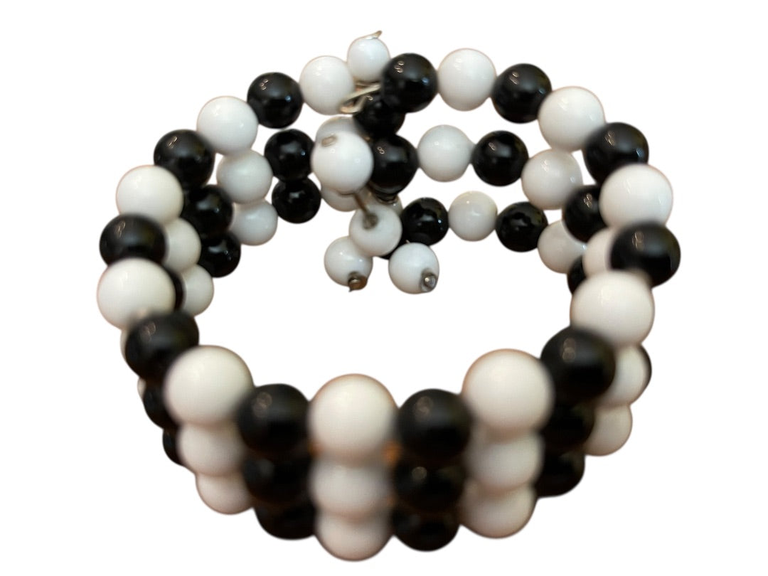 Vintage 3 Strand Black White Beaded Adjustable Cuff Bracelet