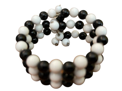 Vintage 3 Strand Black White Beaded Adjustable Cuff Bracelet