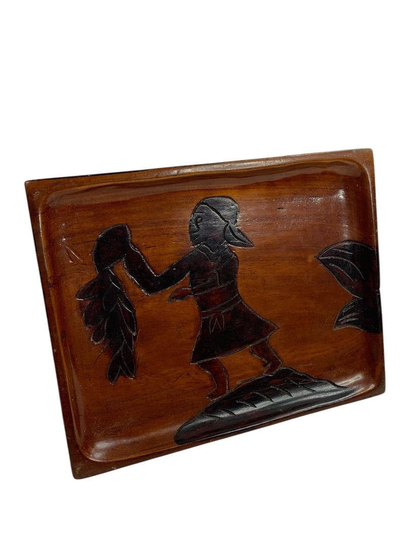 Vintage Wooden Tray Carved Silhouette Design 10" x 7.75"