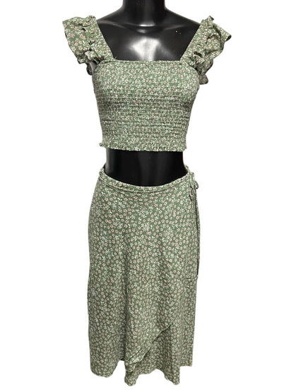 Small Hashtag 2 Piece Outfit Half Wrap Skirt & Smocked Crop Shirt Green