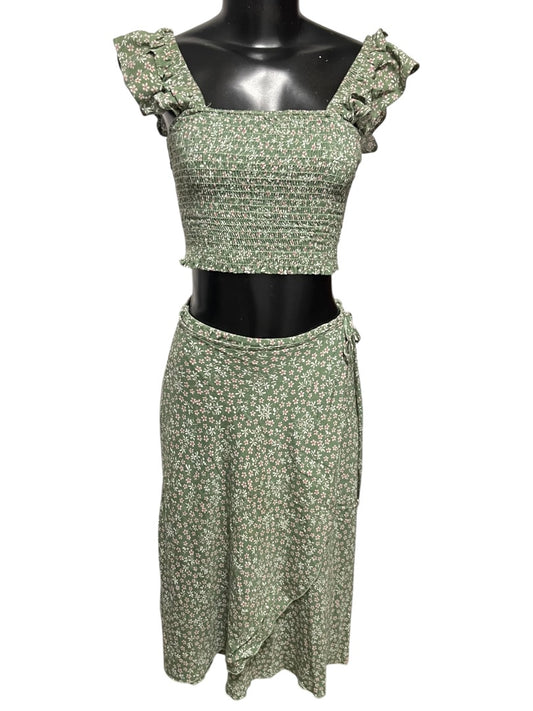 Small Hashtag 2 Piece Outfit Half Wrap Skirt & Smocked Crop Shirt Green