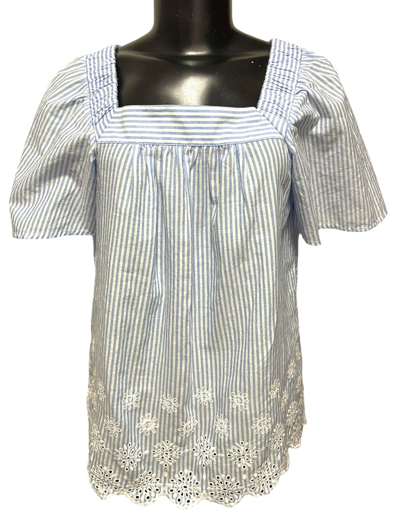 XS Loft Womens Flowy Blouse Shirt Striped Embroidered Blue White