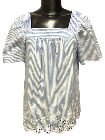 XS Loft Womens Flowy Blouse Shirt Striped Embroidered Blue White