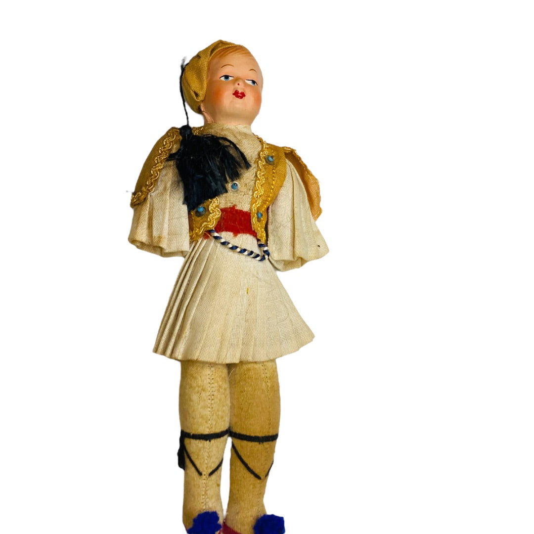 Vintage Folk Art Doll 1940s Man Boy Greek 9" Papier Mache