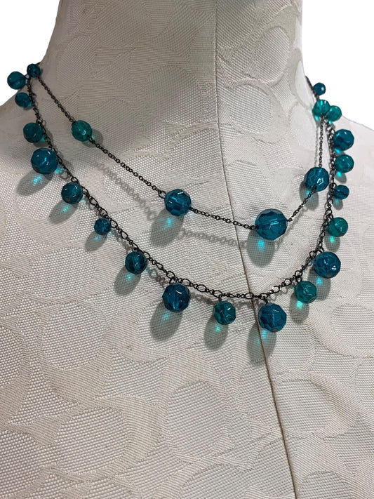 Express Pewter Color Teal Beaded Double Strand Necklace 18 Inch