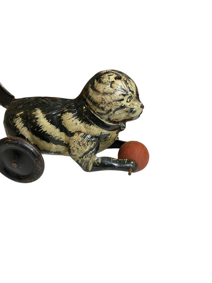 1930s Marx Tin Toy Friction Lever Cat with Wooden Ball 8" Length
