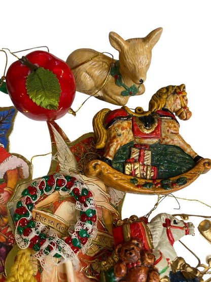 Lot of 25 Assorted Hanging Holiday Ornaments Bells Apple Drum Angel