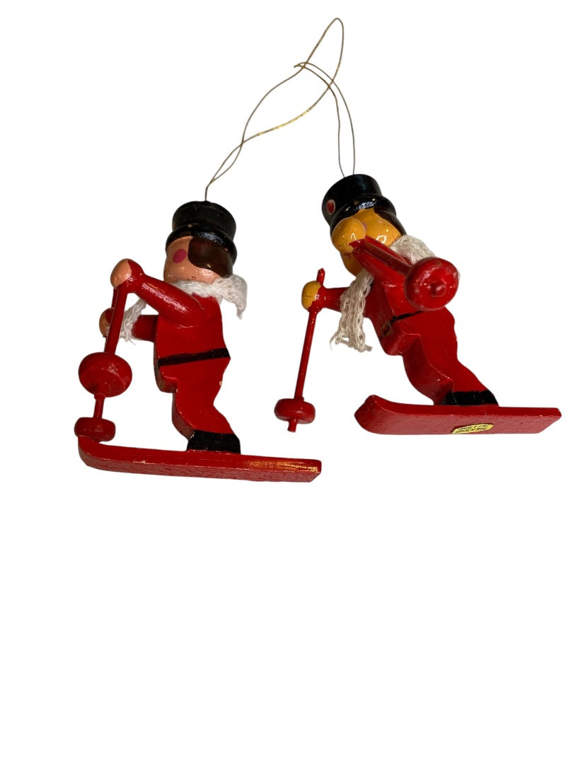 Vintage Wooden Christmas Holiday Ornaments Skiers 3.5" Red