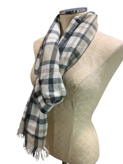 Loft Womens Plaid Winter Scarf Soft Gray Tan Fringed 43" x 9.5"