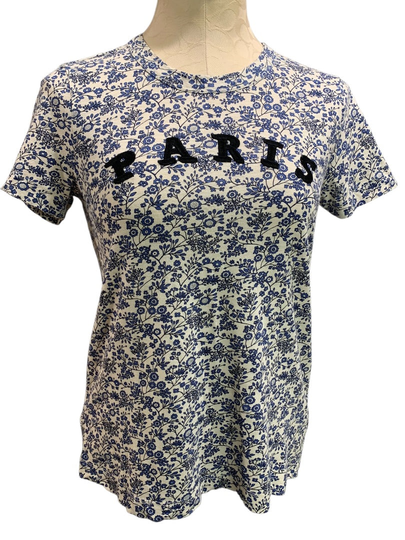 XS Loft Womens Tshirt Floral Embroidered Paris Blue