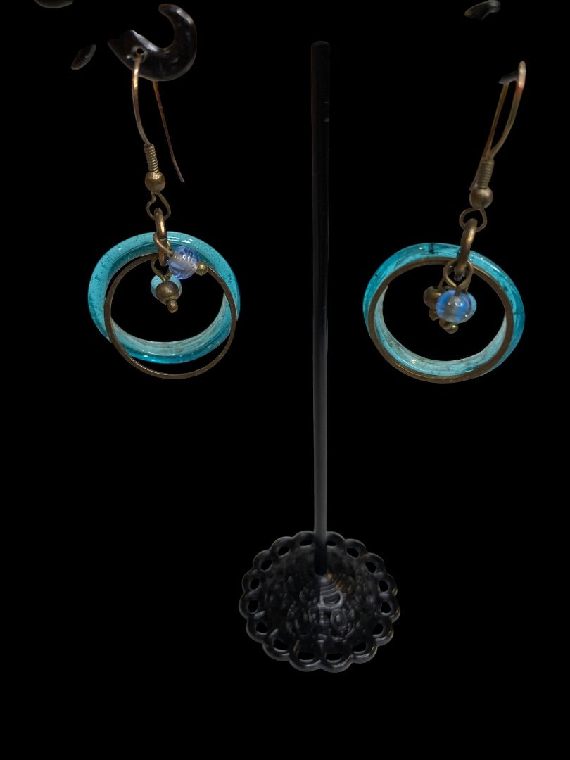 Artsy Copper Color Pierced Earrings Fishhook Teal 1.75" Drop