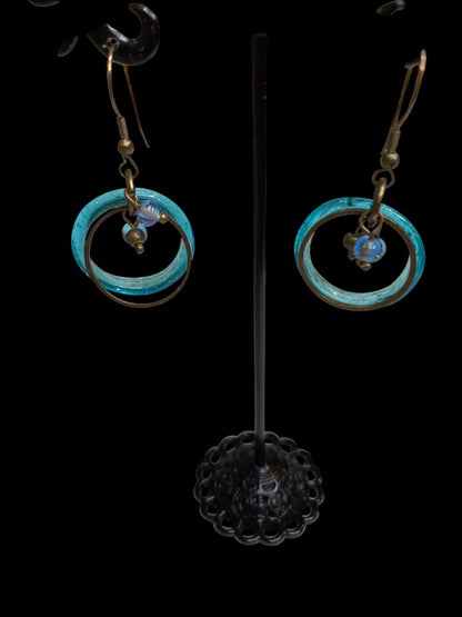 Artsy Copper Color Pierced Earrings Fishhook Teal 1.75" Drop