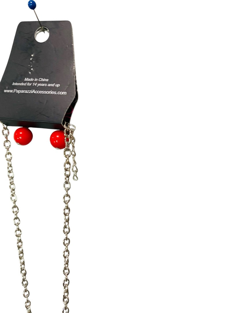 Paparazzi New Silvertone Necklace and Earring Set Red Beads 40"