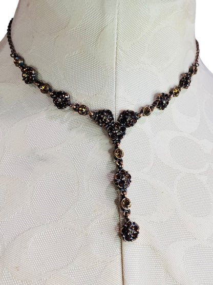 2028 Copper Color Rhinestone Antiqued Look Necklace 18" with 2" Drop