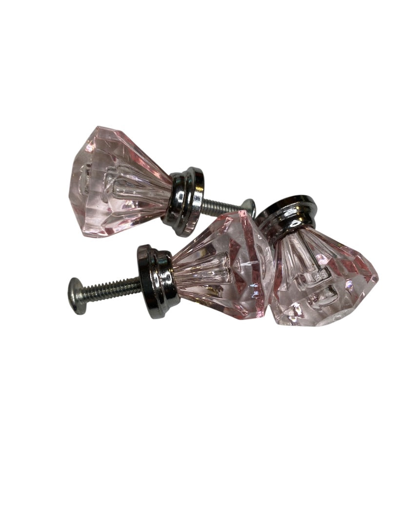Set of 3 Pink and Silvertone Crystal Knobs Drawer Pulls 25mm 1" New
