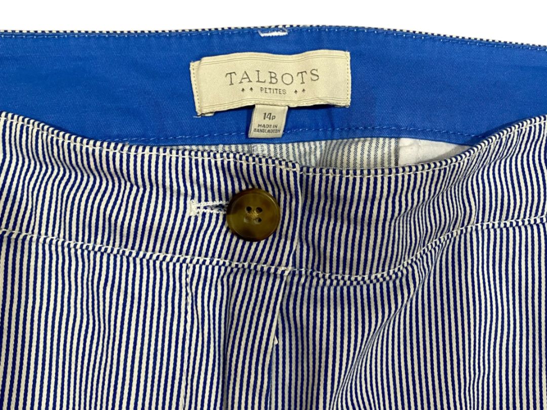 Size 14P Talbots Petite Womens Pinstripe Summer Chino Pants Blue White