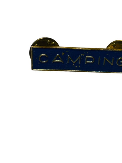 Vintage Bar Pin Camping Blue Goldtone 1.5" Double Butterfly Back