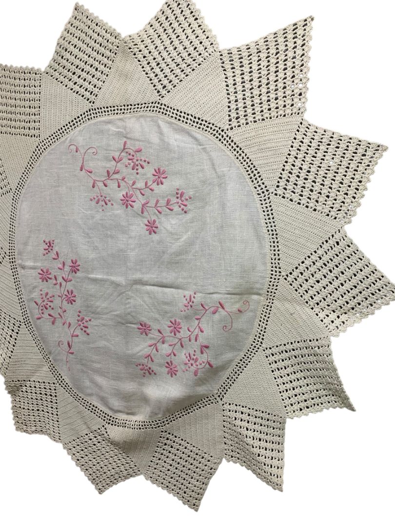 Vintage 40" Round Table Cloth Pink Embroidery Knit Crochet Edging