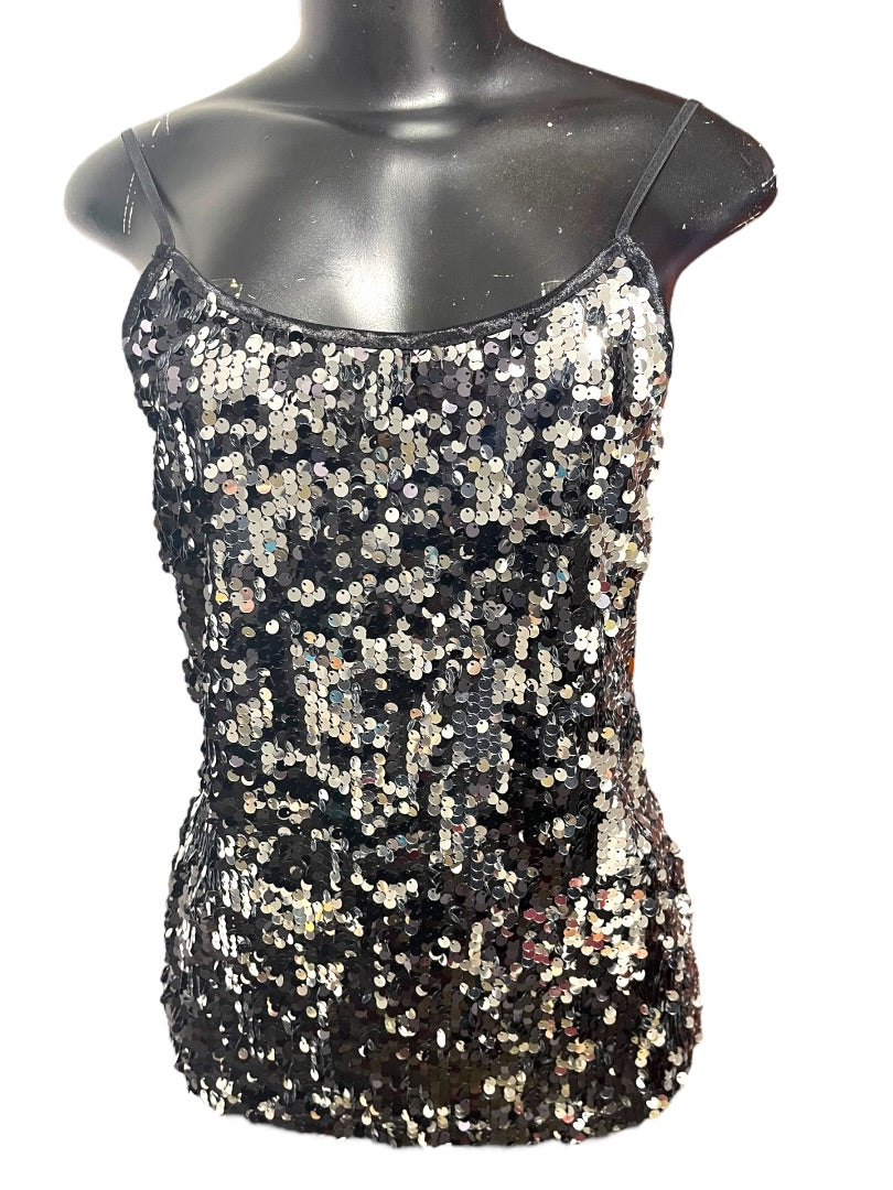 Medium Ambiance Womens Sequin Adjustable Strap Cami Black Silver