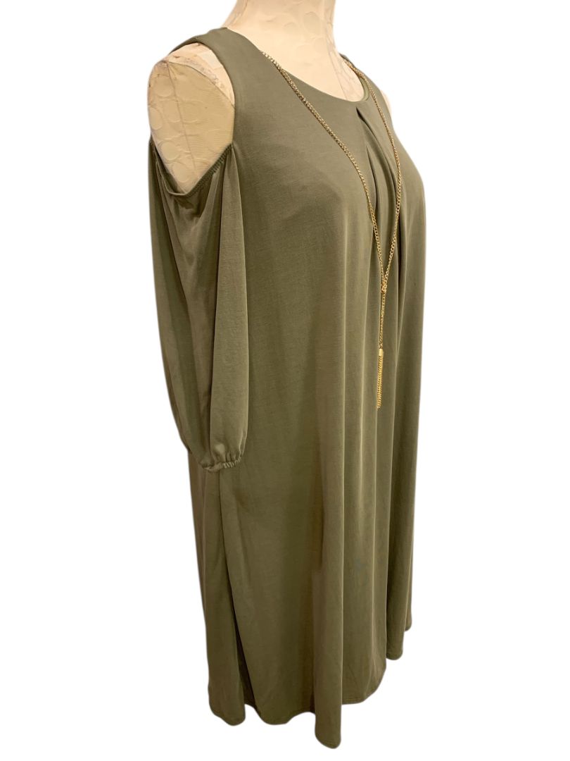 Small Luxology Olive Green New Shift Dress Cold Shoulder Detachable Necklace