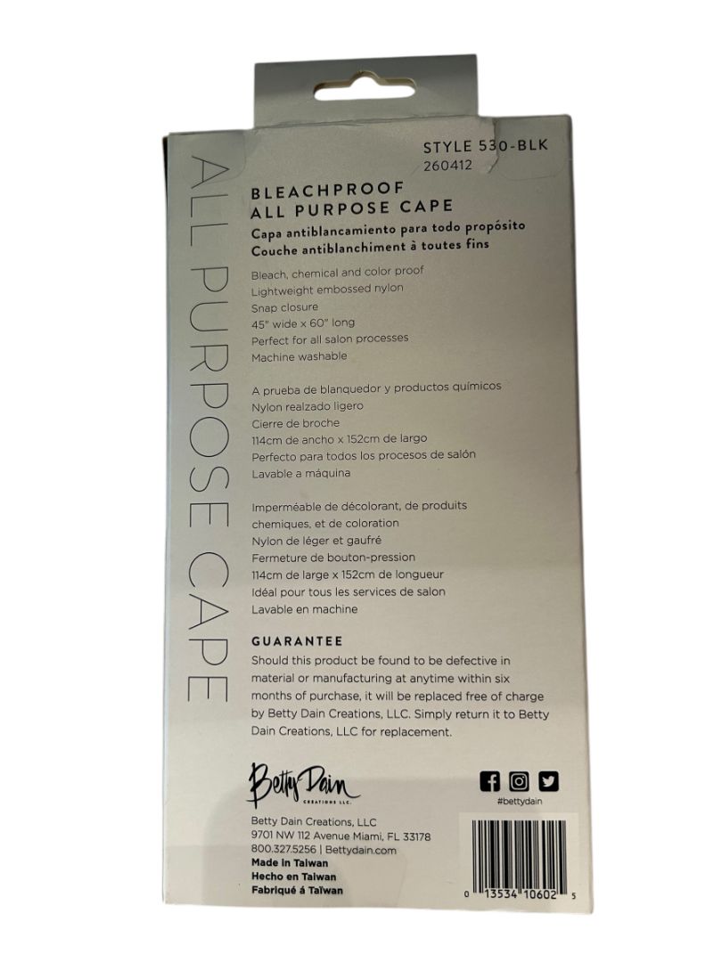 Betty Dain Hair Salon Cape Bleachproof All Purpose Styling Cape Black