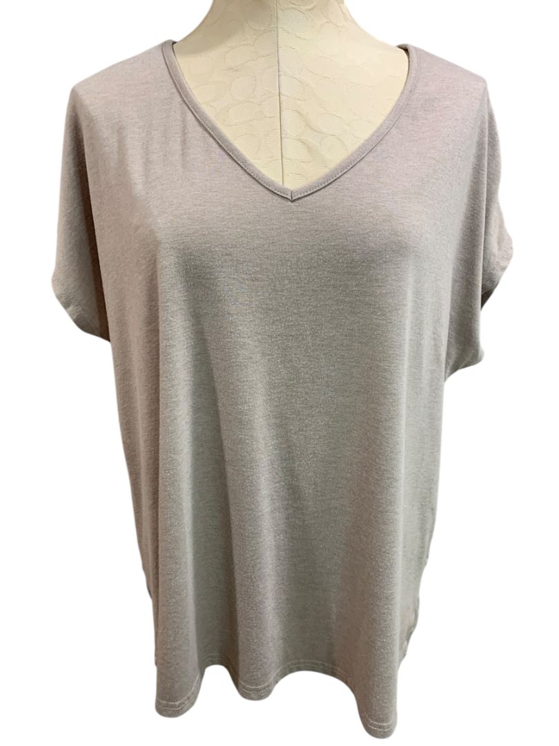 Size 1XL Womens Taupe V-Neck Short Sleeve Tshirt Loose Fit
