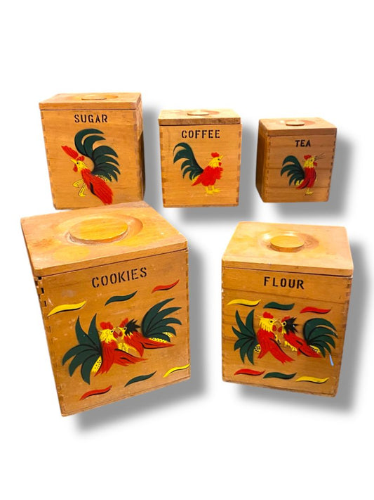 Set of 5 Nesting Wooden Canisters Vintage Rooster Cookies Flour Sugar Coffee Tea