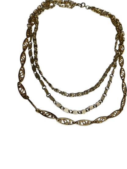 Vintage Goldtone Triple Strand Necklace Mixed Chains 17" Spring Clasp