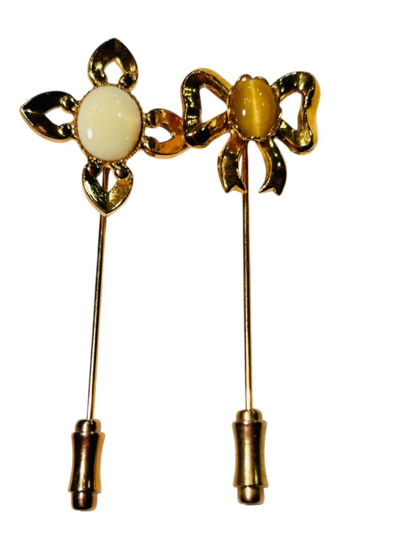 Set of 2 Stick Pins Goldtone Flower Bow Pink Cream Color 2.25"