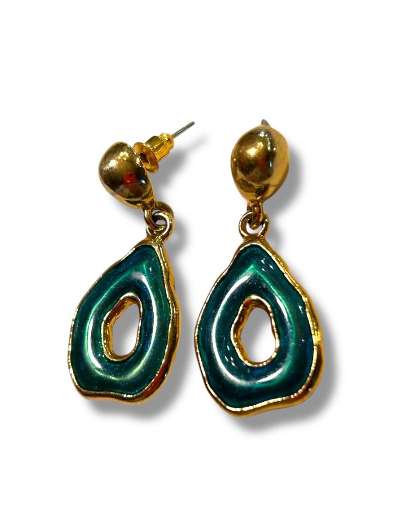 Goldtone Green Enamel Post Pierced Earrings 1.5" Drop Dangle