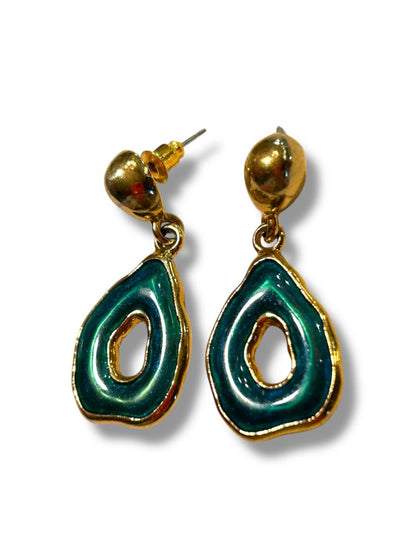 Goldtone Green Enamel Post Pierced Earrings 1.5" Drop Dangle