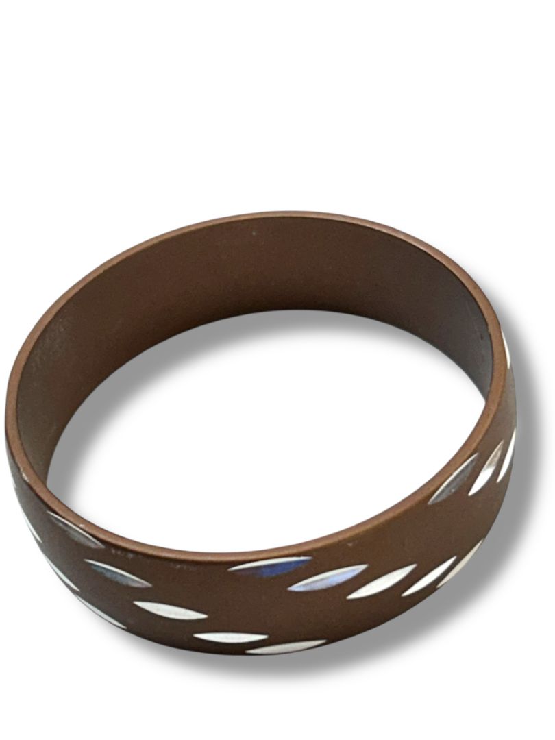 Brown Metallic Bangle Bracelet Silvertone Design 2.5" Diameter .75" Thick