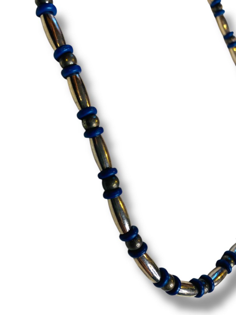 Silvertone and Blue Beaded Necklace 18" Lobster Clasp