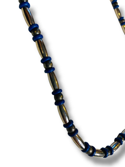 Silvertone and Blue Beaded Necklace 18" Lobster Clasp