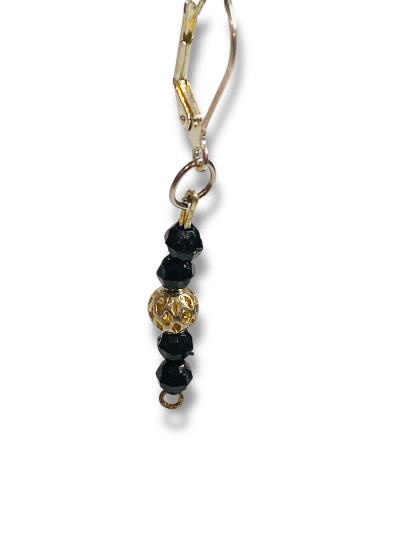 Silvertone Black Beaded Pierced Leverback Earrings 2" Drop Dangle