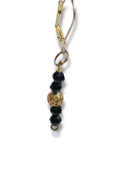 Silvertone Black Beaded Pierced Leverback Earrings 2" Drop Dangle