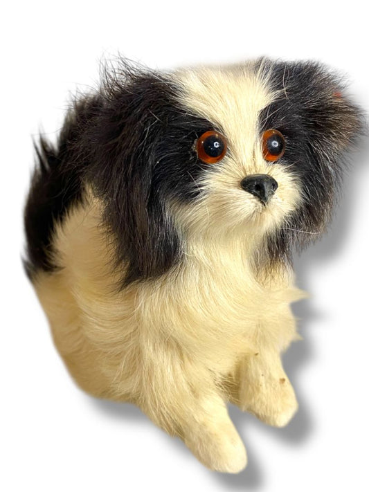 Vintage Real Fur Dog Figurine  Puppy 6"l x 4.5"h Black Tan