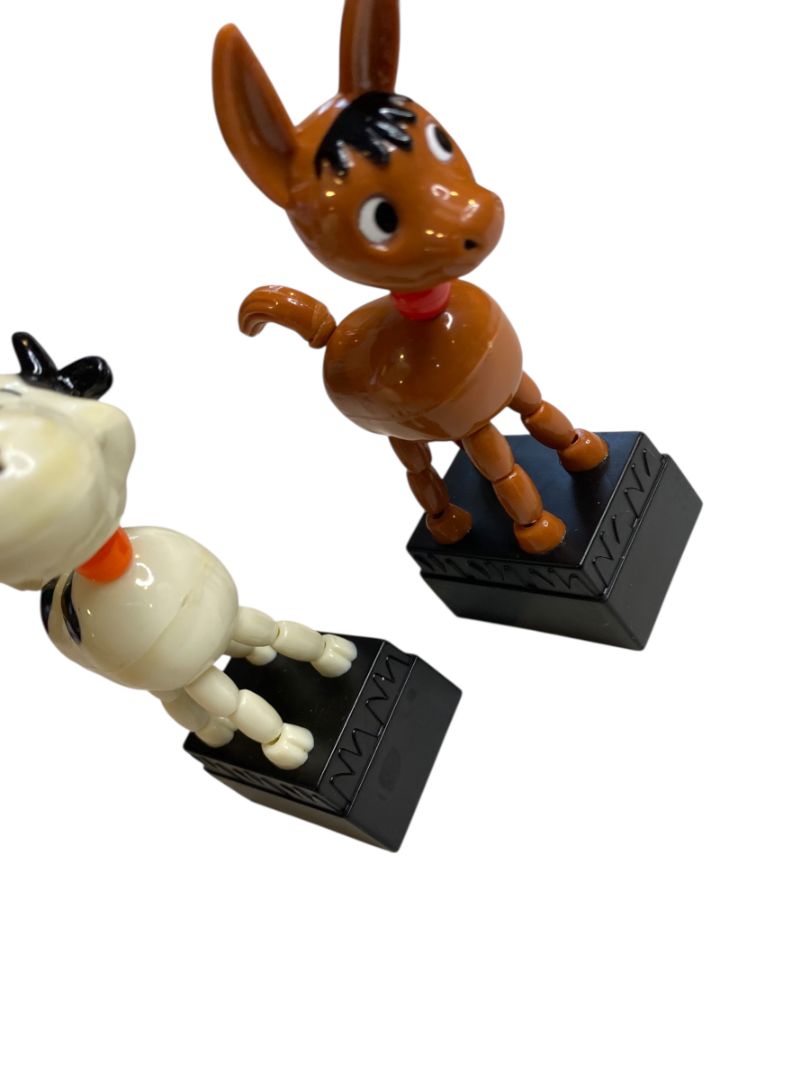 Thumb Puppet Push Toy Collapsing Set of 2 Plastic Horse Cow 4.5"