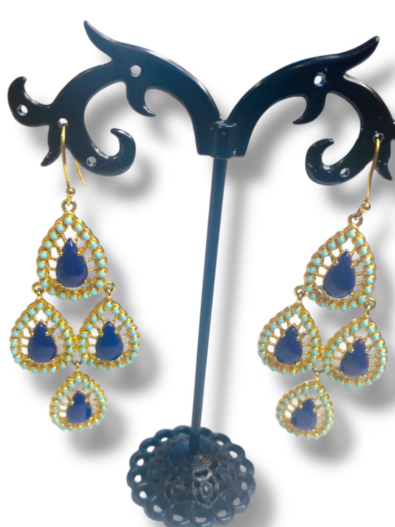Stella and Dot Seychelles Chandelier Earrings Tiered Goldtone Blue 2.75" Drop Dangle