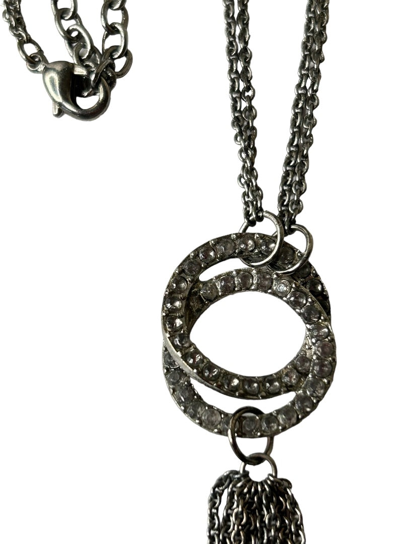 Pewter Color Dual Chain 17" Necklace with Tassel