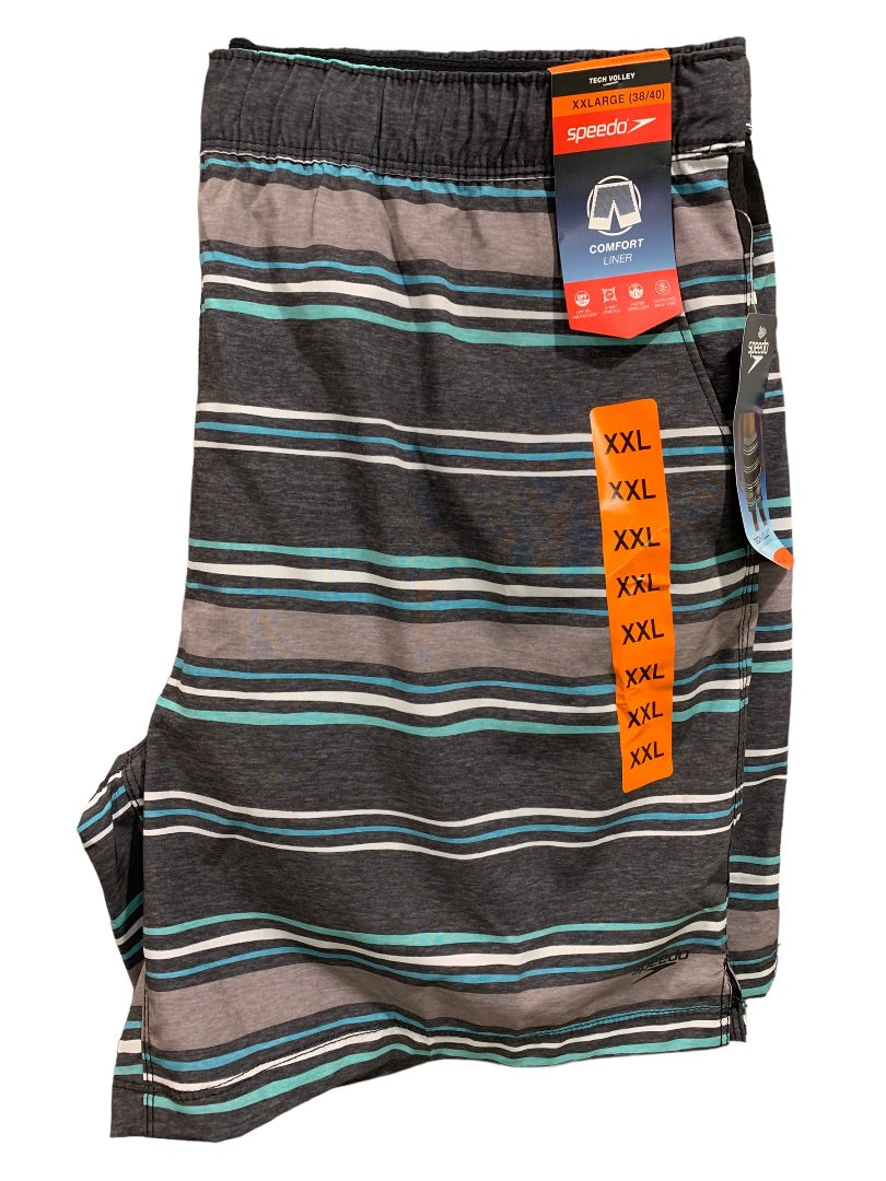 XXL (38/40) Speedo Men's New Gray Striped Swim Trunks Tech Volley Shorts