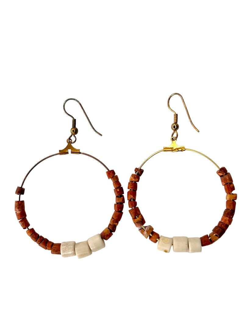 Goldtone Beaded Hoop Earrings Boho Pierced Hook 2.5" Drop Dangle