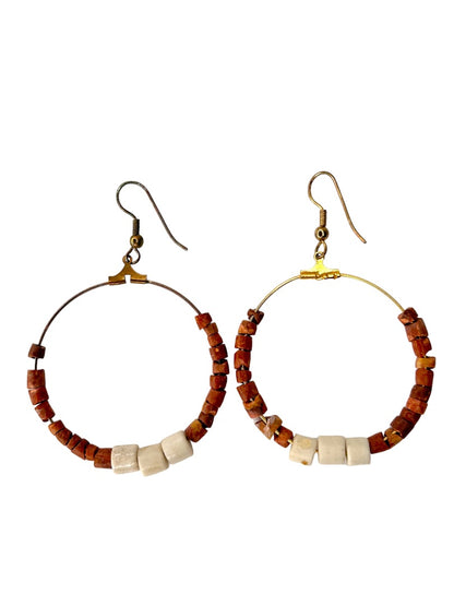 Goldtone Beaded Hoop Earrings Boho Pierced Hook 2.5" Drop Dangle